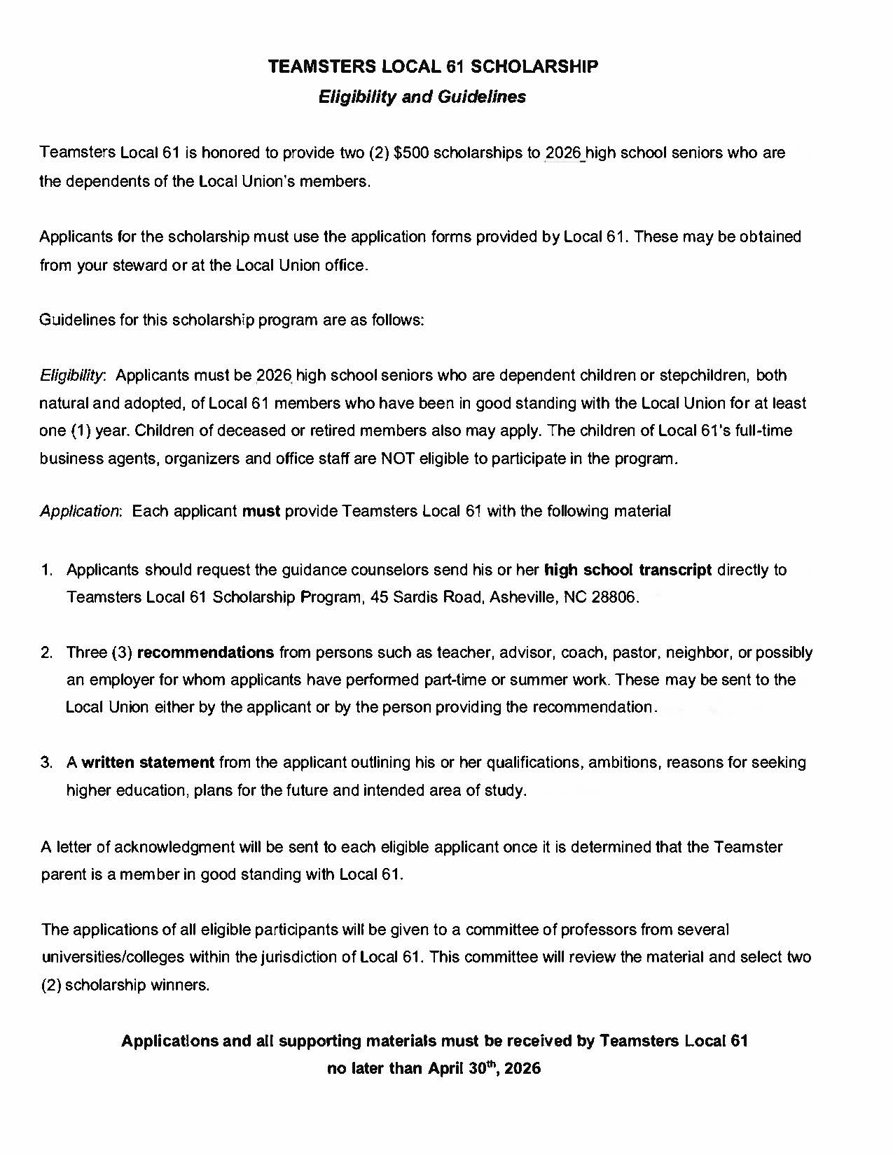 2026 Local 61 Scholarship Page 1